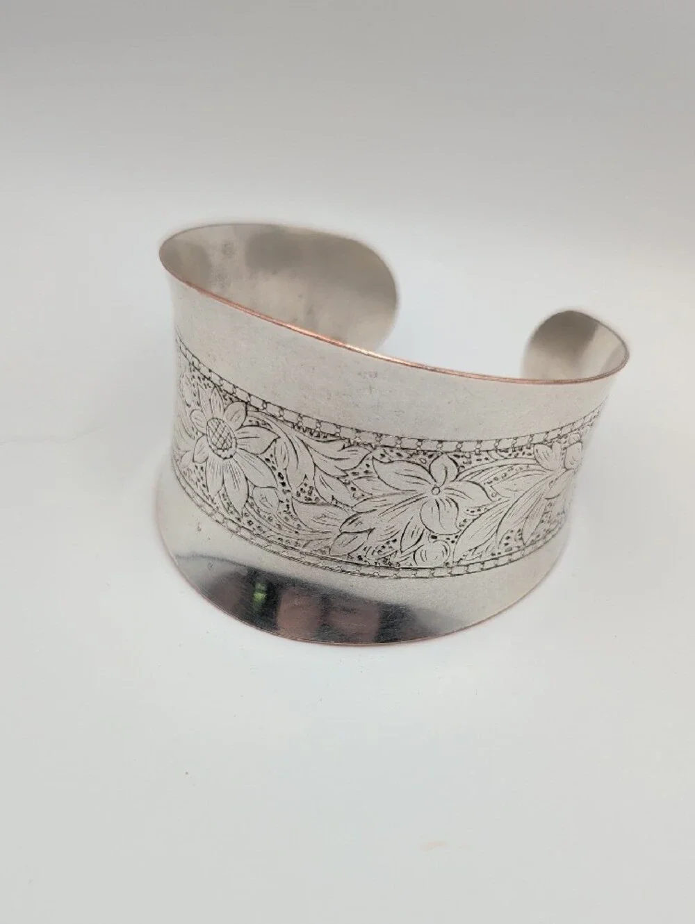 Engraved Floral Silver Cuff Bracelet